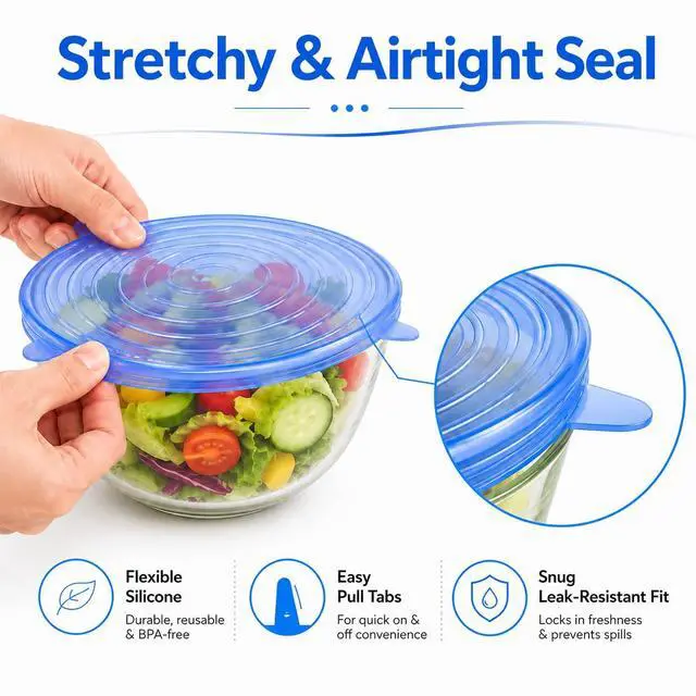 Alt view image 3 of 7 - 6pcs Reusable Silicone Stretch Lids, Six-piece Set Of Silicone Fresh-keeping Covers, Stretching Bowl Covers,Dust-proof Refrigerator Microwave Oven Sealing for Various Food Containers (blue)