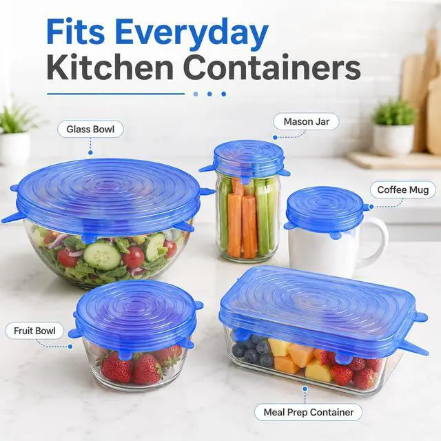 Alt view image 2 of 7 - 6pcs Reusable Silicone Stretch Lids, Six-piece Set Of Silicone Fresh-keeping Covers, Stretching Bowl Covers,Dust-proof Refrigerator Microwave Oven Sealing for Various Food Containers (blue)