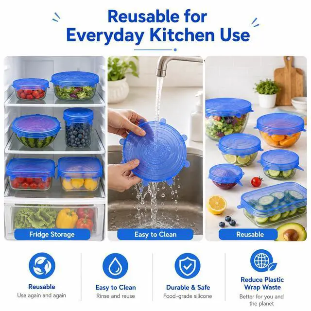 Alt view image 5 of 7 - 6pcs Reusable Silicone Stretch Lids, Six-piece Set Of Silicone Fresh-keeping Covers, Stretching Bowl Covers,Dust-proof Refrigerator Microwave Oven Sealing for Various Food Containers (blue)