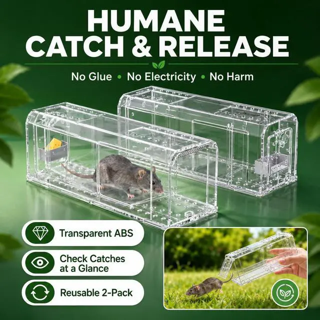 Alt view image 7 of 7 - Humane Mouse Traps Indoor Outdoors for Home, Live Mouse Traps Catch and Release, No Kill Mice Traps, Reusable Non-Contact Rap Trap, Washable Transparent (2 Pack)