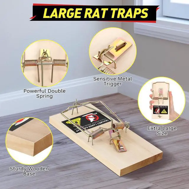 Alt view image 2 of 7 - Large Rat Traps, Reusable Wooden Mouse Traps with Heavy Duty Double Spring, Sturdy Wood Base, Trampa para Ratas Trap for Rats, Mice & Rodents, Indoor & Outdoor Use
