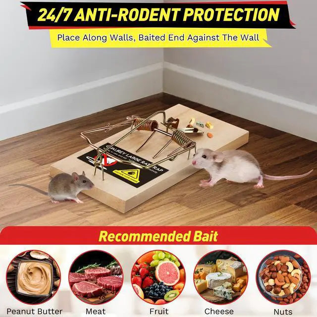 Alt view image 4 of 7 - Large Rat Traps, Reusable Wooden Mouse Traps with Heavy Duty Double Spring, Sturdy Wood Base, Trampa para Ratas Trap for Rats, Mice & Rodents, Indoor & Outdoor Use