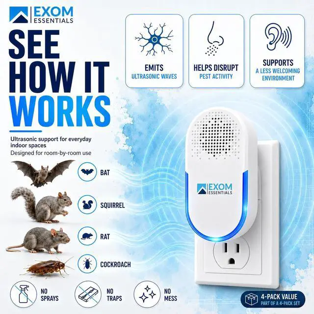 Alt view image 4 of 7 - Pest Repeller Wall Plug-in Most Effective Than Repellents - Get Rid of - Rodents, Squirrels, Mice, Rats, Bats, Roaches, Ants, Spiders, Bed Bugs, osquito, Insects, Fleas (4 Pack)