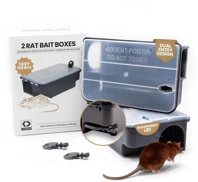 Main image of Professional Rat & Mouse Bait Station 2 Lockable Weather-Resistant Rat Trap Boxes with Clear Lid & Dual Entry Reusable Rodent Control (Bait Not Included)