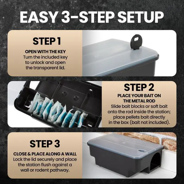 Alt view image 5 of 7 - Professional Rat & Mouse Bait Station 2 Lockable Weather-Resistant Rat Trap Boxes with Clear Lid & Dual Entry Reusable Rodent Control (Bait Not Included)