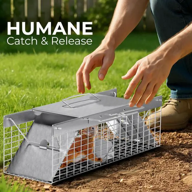 Alt view image 7 of 7 - Live Rat Trap Indoor/Outside - Squirrel Trap, Have A Heart Animal for Chipmunk, Small Rabbits, Weasel and Similar-Size Rodents, 18"x5"x5", 2 Doors, Fully Assembled