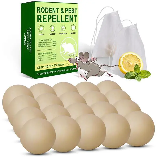 Main image of 20 PCS Mouse Repellent Balls, Peppermint Oil Pest Control Repeller for Rodent Rat Roach Ant Squirrel Indoor & Outdoor, Natural Mice Deterrent Pet & Family Safe Alternative to Traps Mothballs & Poison