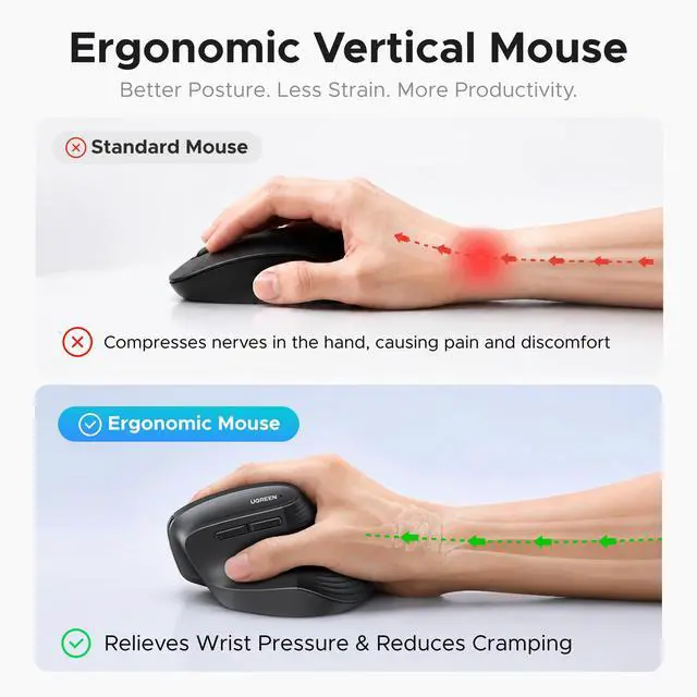 Alt view image 3 of 7 - Vertical Mouse, Wireless Bluetooth Ergonomic Mouse, Dual-Mode (BT 5.4 & USB 2.4G), Quiet Clicks, 4 Adjustable DPI (1000/1600/2000/4000), Compatible with Windows/Mac/Linux/Android/ChromeOS