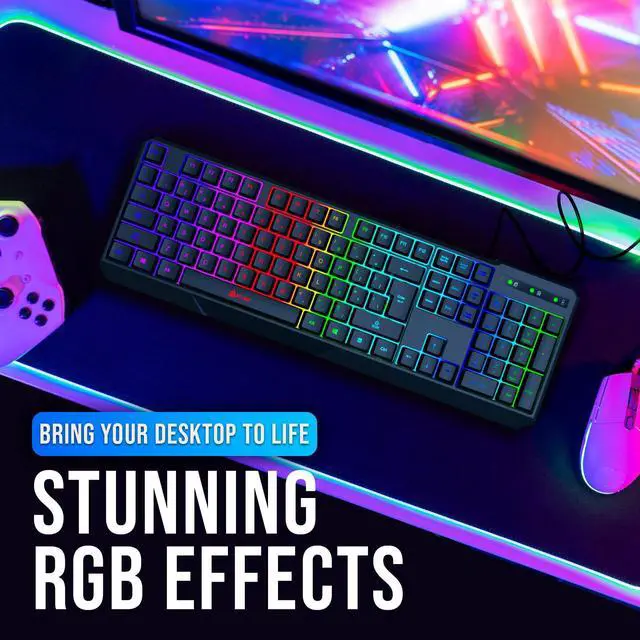 Alt view image 7 of 7 - USB RGB Gaming Keyboard, Wired PC Computer Keyboard, Membrane, Waterproof Durable, 2 ms Response, PS4/PS5 & Mac Compatible
