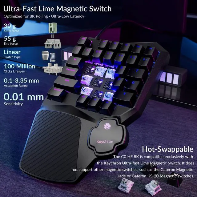 Alt view image 4 of 7 - Wired One-Handed Gaming Keypad, Rapid Trigger Hall Effect Magnetic Switches, 35 Programmable Keys, Per-Key RGB Lighting, Web-Based Configurator, Compatible with Windows & macOS