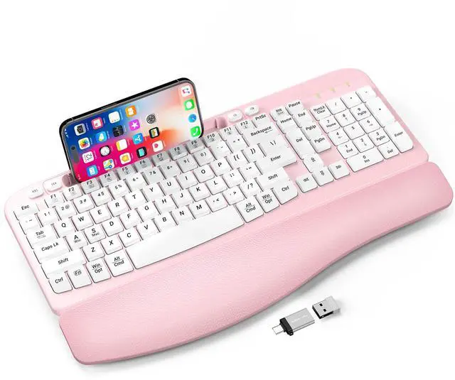 Main image of 2.4G Wireless Ergonomic Keyboard, Full Size Wave Keys with Memory Foam Wrist Rest & 7.28in Phone Holder, USB-C Adapter Included for Windows Mac Chrome OS, Office or Home (Pink)