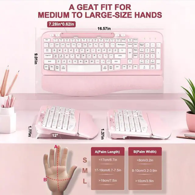 Alt view image 2 of 7 - 2.4G Wireless Ergonomic Keyboard, Full Size Wave Keys with Memory Foam Wrist Rest & 7.28in Phone Holder, USB-C Adapter Included for Windows Mac Chrome OS, Office or Home (Pink)