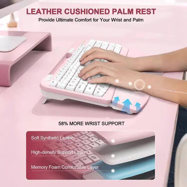 Alt view image 3 of 7 - 2.4G Wireless Ergonomic Keyboard, Full Size Wave Keys with Memory Foam Wrist Rest & 7.28in Phone Holder, USB-C Adapter Included for Windows Mac Chrome OS, Office or Home (Pink)