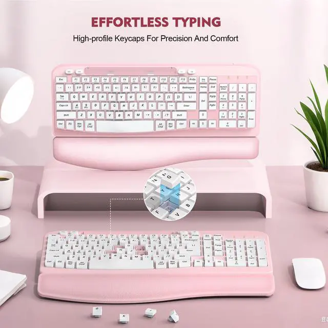 Alt view image 4 of 7 - 2.4G Wireless Ergonomic Keyboard, Full Size Wave Keys with Memory Foam Wrist Rest & 7.28in Phone Holder, USB-C Adapter Included for Windows Mac Chrome OS, Office or Home (Pink)