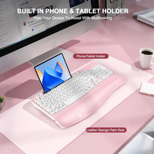 Alt view image 5 of 7 - 2.4G Wireless Ergonomic Keyboard, Full Size Wave Keys with Memory Foam Wrist Rest & 7.28in Phone Holder, USB-C Adapter Included for Windows Mac Chrome OS, Office or Home (Pink)