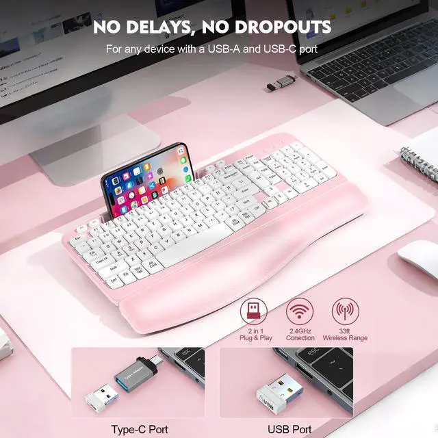 Alt view image 6 of 7 - 2.4G Wireless Ergonomic Keyboard, Full Size Wave Keys with Memory Foam Wrist Rest & 7.28in Phone Holder, USB-C Adapter Included for Windows Mac Chrome OS, Office or Home (Pink)