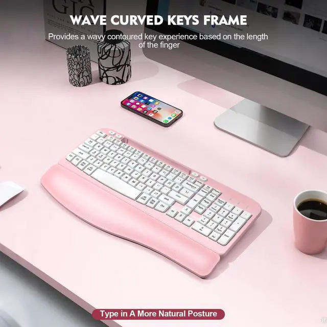Alt view image 7 of 7 - 2.4G Wireless Ergonomic Keyboard, Full Size Wave Keys with Memory Foam Wrist Rest & 7.28in Phone Holder, USB-C Adapter Included for Windows Mac Chrome OS, Office or Home (Pink)