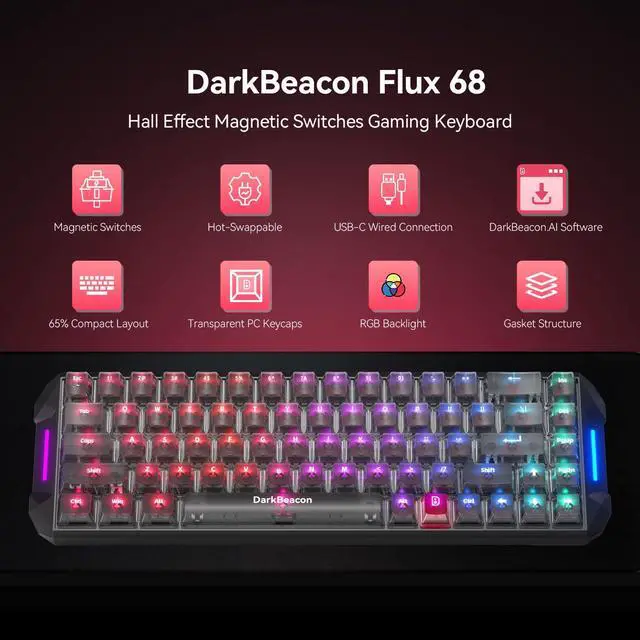 Alt view image 2 of 7 - HE Gaming Keyboard 65%, Hall Effect Magnetic Switch, AI-Powered Software, Wired Mechanical Keyboard with 0.01mm Fast Trigger, Adjustable Actuation, 8000Hz, Hot-Swap, RGB Backlit