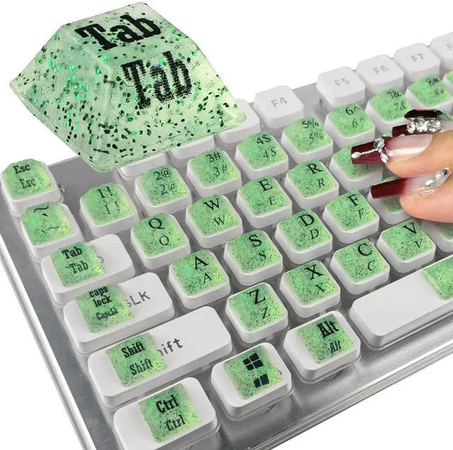 Main image of Adhesive PC Keyboard Keys for Long Nails Typing and Gaming, Anti-Damage Symbolic and Alphanumeric Keys for Nail-Art (Sparkly Green)