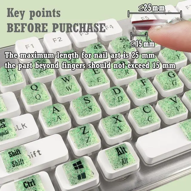 Alt view image 4 of 6 - Adhesive PC Keyboard Keys for Long Nails Typing and Gaming, Anti-Damage Symbolic and Alphanumeric Keys for Nail-Art (Sparkly Green)