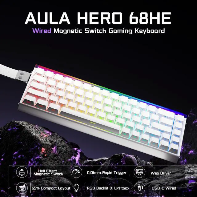 Alt view image 2 of 7 - HE Wired Gaming Keyboard, Hall Effect Keyboard with Magnetic Switch, Rapid Trigger Mode, 8KHz Polling Rate, PBT Keycaps, RGB Lightbox&Backlit, 65% White Small Keyboards for Gamer/PC