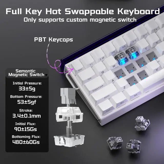 Alt view image 5 of 7 - HE Wired Gaming Keyboard, Hall Effect Keyboard with Magnetic Switch, Rapid Trigger Mode, 8KHz Polling Rate, PBT Keycaps, RGB Lightbox&Backlit, 65% White Small Keyboards for Gamer/PC