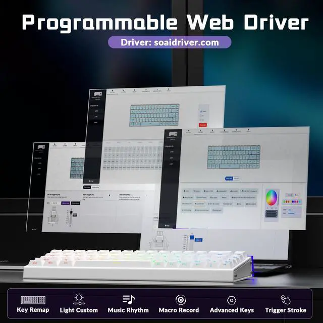 Alt view image 6 of 7 - HE Wired Gaming Keyboard, Hall Effect Keyboard with Magnetic Switch, Rapid Trigger Mode, 8KHz Polling Rate, PBT Keycaps, RGB Lightbox&Backlit, 65% White Small Keyboards for Gamer/PC