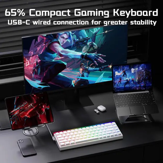Alt view image 7 of 7 - HE Wired Gaming Keyboard, Hall Effect Keyboard with Magnetic Switch, Rapid Trigger Mode, 8KHz Polling Rate, PBT Keycaps, RGB Lightbox&Backlit, 65% White Small Keyboards for Gamer/PC