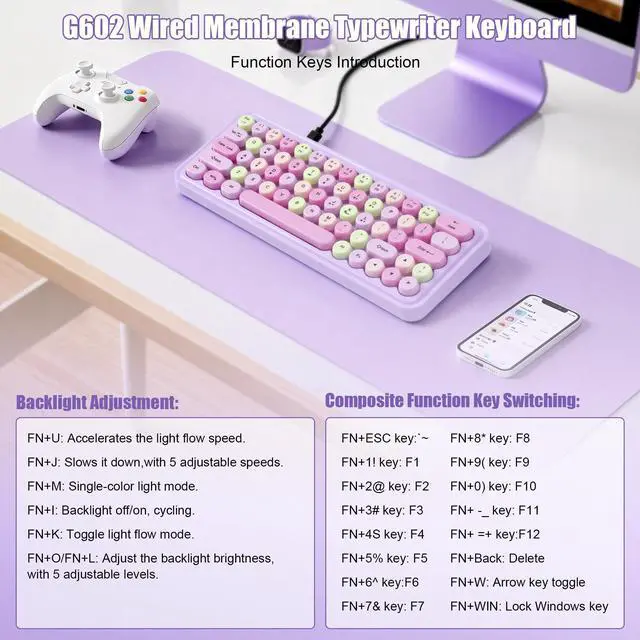 Alt view image 4 of 7 - Wired RGB Creamy Typewriter Keyboard. 65 Percent Retro LED Membrance Gaming Keyboard. Small Ergonomic Optical Teclado with ABS Backlit Unreplaceable Round Keycaps. for Laptop and Office PC. (Green)