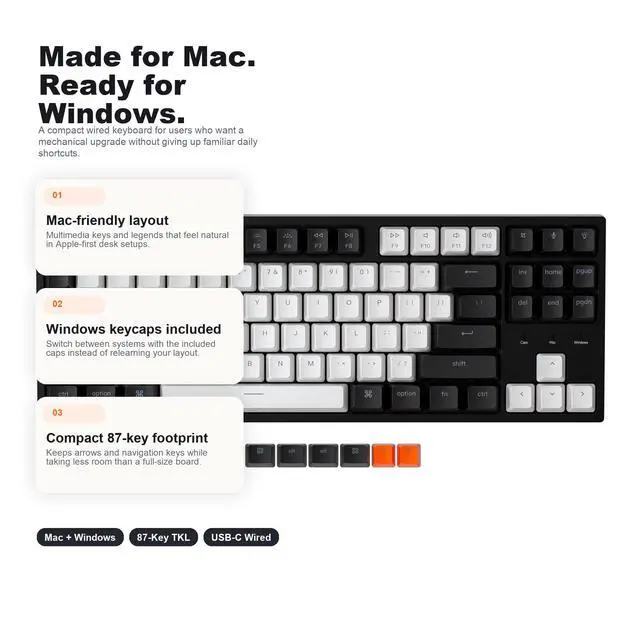 Alt view image 2 of 7 - Wired Mechanical Keyboard, TKL 87-Key Tenkeyless Gaming Keyboard for Mac Windows, Hot-Swappable Gateron G Pro Red Switches, White Backlit, USB-C, Double-Shot ABS Keycaps