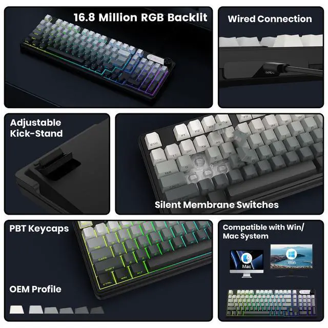 Alt view image 2 of 7 - Gaming Keyboard, 99 Keys Silent Wired Keyboard with Number Pad & Knob, RGB Backlit, Side Printed PBT Keycaps, Anti-ghosting, Water Repellent Computer Keyboards for PC Mac Laptop Gamer