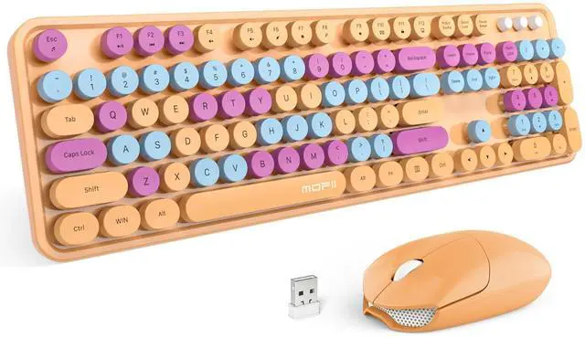 Main image of Wireless Keyboard and Mouse Combo, Retro Keyboard with Round Keycaps, 2.4GHz Dropout-Free Connection, Cute USB Mouse for PC/Laptop/Windows XP/7/8/10 (Orange-Colorful)