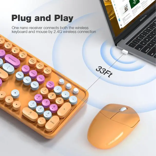 Alt view image 2 of 7 - Wireless Keyboard and Mouse Combo, Retro Keyboard with Round Keycaps, 2.4GHz Dropout-Free Connection, Cute USB Mouse for PC/Laptop/Windows XP/7/8/10 (Orange-Colorful)