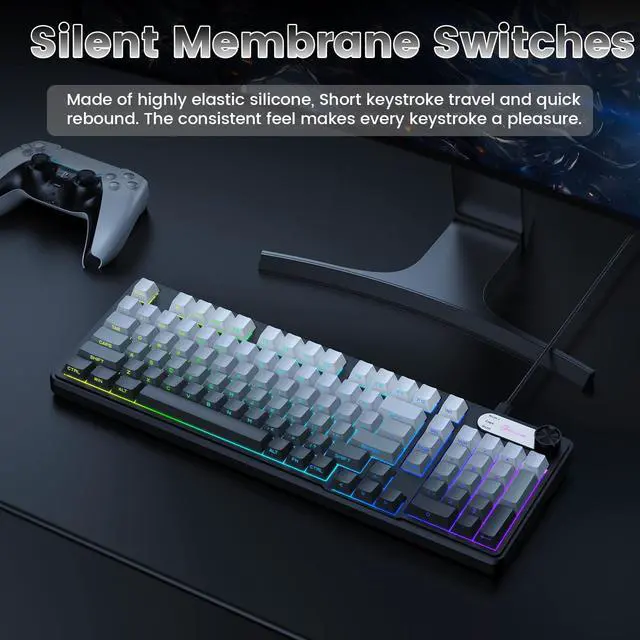 Alt view image 4 of 7 - Gaming Keyboard, 99 Keys Silent Wired Keyboard with Number Pad & Knob, RGB Backlit, Side Printed PBT Keycaps, Anti-ghosting, Water Repellent Computer Keyboards for PC Mac Laptop Gamer