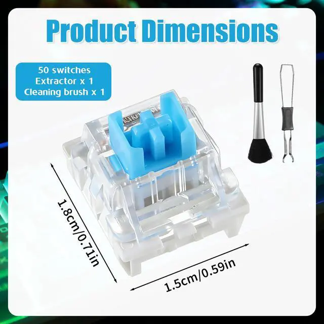 Alt view image 2 of 7 - Blue Mechanical Keyboard Switches, 3-Pin Pre-Lubricated Clicky Key Switches for Gaming Keyboards, DIY 3D Prints & Fidget Clicker, with Switch Puller and Cleaning Brush