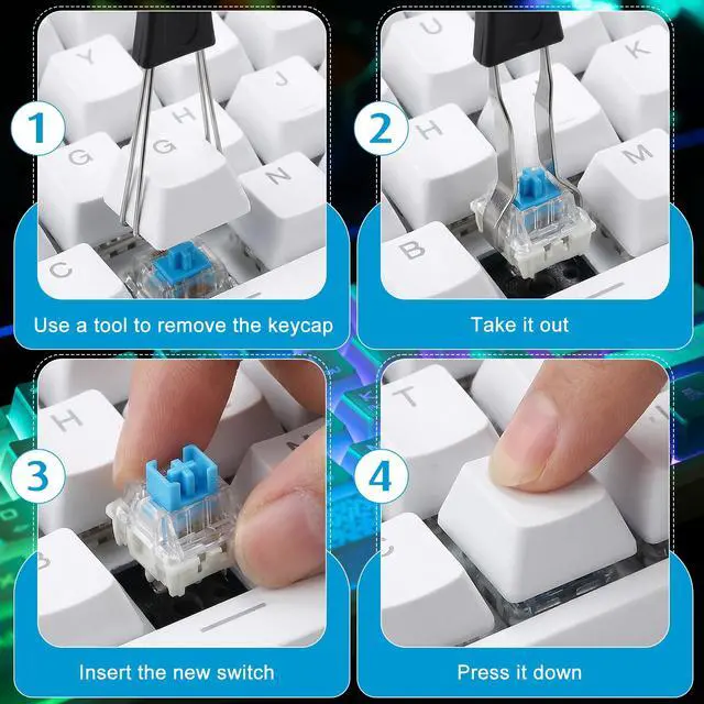 Alt view image 3 of 7 - Blue Mechanical Keyboard Switches, 3-Pin Pre-Lubricated Clicky Key Switches for Gaming Keyboards, DIY 3D Prints & Fidget Clicker, with Switch Puller and Cleaning Brush