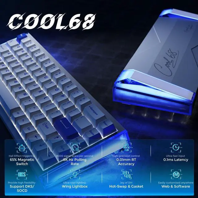 Alt view image 2 of 7 - Hall Effect Magnetic Switch Gaming Keyboard with 8000Hz Polling Rate,Rapid Trigger,Adjustable Actuation,0.1ms Latency,SOCD,Gasket Mount,PBT keaycaps,Hot swappable,RGB Light