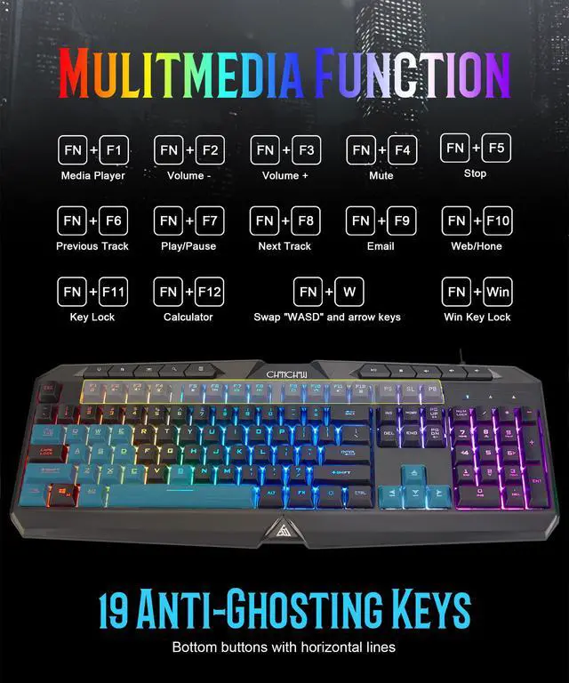 Alt view image 4 of 7 - Light Up Gaming Keyboard Wired for PC PS5 Computer, USB Plug & Play, Quiet