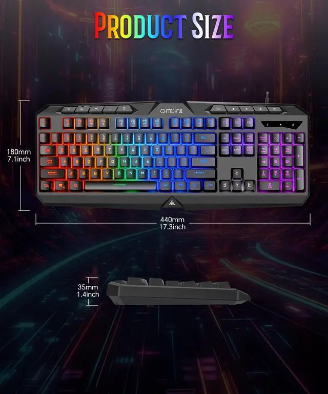 Alt view image 7 of 7 - Light Up Gaming Keyboard Wired for PC PS5 Computer, USB Plug & Play, Quiet