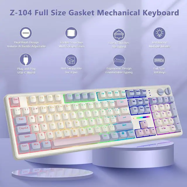 Alt view image 2 of 7 - Creamy Mechanical Keyboard Wired, Gasket Structure with Sound Dampening Foam, Led Backlit, Hot Swappable, Pre-lubed Linear Switches, Full Size Custom Gaming Keyboard for PC/Mac, White Pink