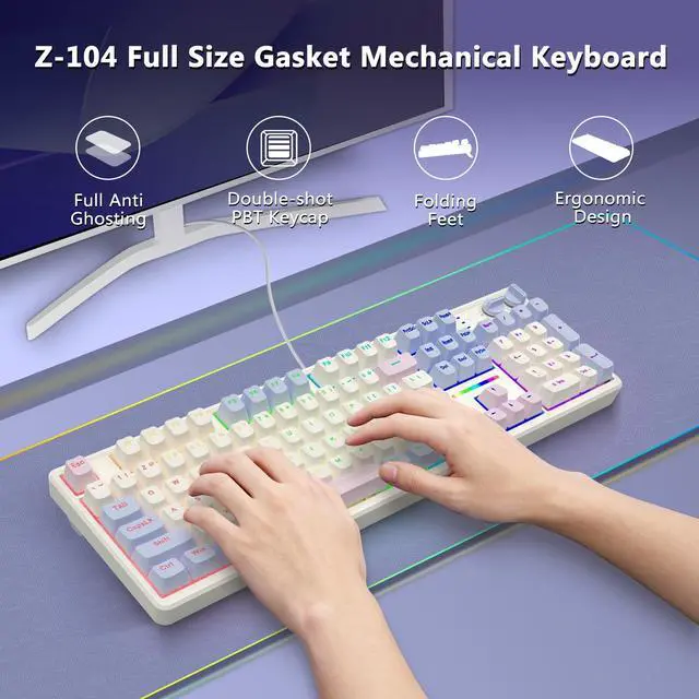 Alt view image 7 of 7 - Creamy Mechanical Keyboard Wired, Gasket Structure with Sound Dampening Foam, Led Backlit, Hot Swappable, Pre-lubed Linear Switches, Full Size Custom Gaming Keyboard for PC/Mac, White Pink