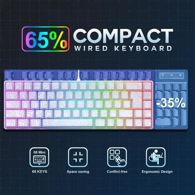 Alt view image 4 of 7 - Wired Gaming Keyboard, 68 Keys RGB (Contour-line, White)