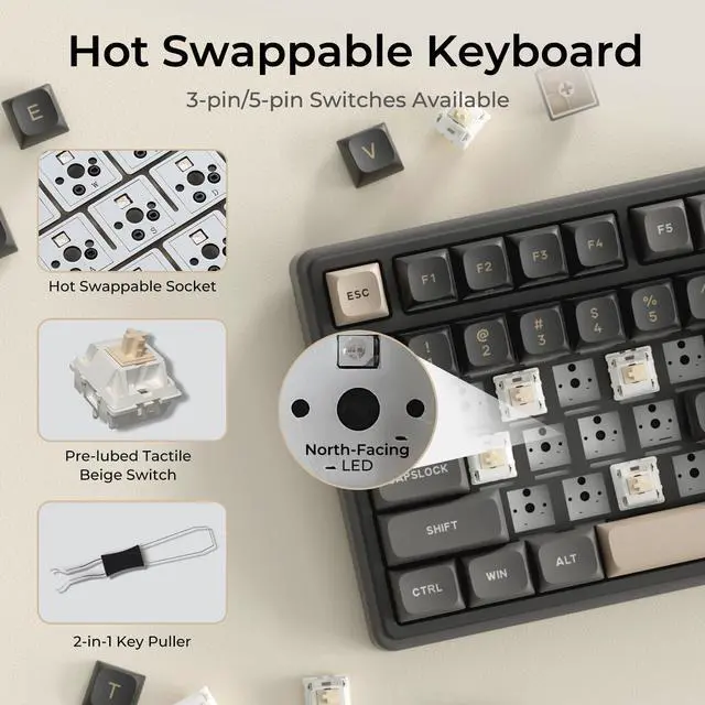 Alt view image 4 of 7 - Wired Mechanical Keyboard, RGB PC Gaming Keyboard with Number Pad and Volume Knob, Gasket Mount, MDA Profile PBT Keycaps, for Win/Mac, Hot Swappable Tactile Beige Switch
