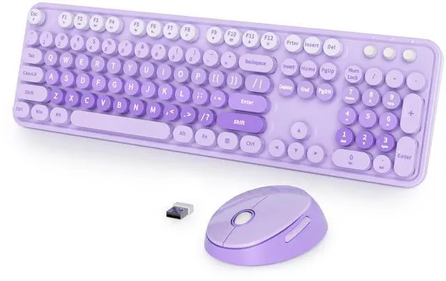 Main image of Purple Retro Typewriter Keyboard and Mouse Wireless, 2.4GHz Office Full-Sized Colorful Computer Keyboard with Number Pad and Cute Mouse for Windows PC Desktops Laptop