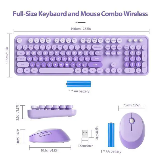 Alt view image 3 of 7 - Purple Retro Typewriter Keyboard and Mouse Wireless, 2.4GHz Office Full-Sized Colorful Computer Keyboard with Number Pad and Cute Mouse for Windows PC Desktops Laptop