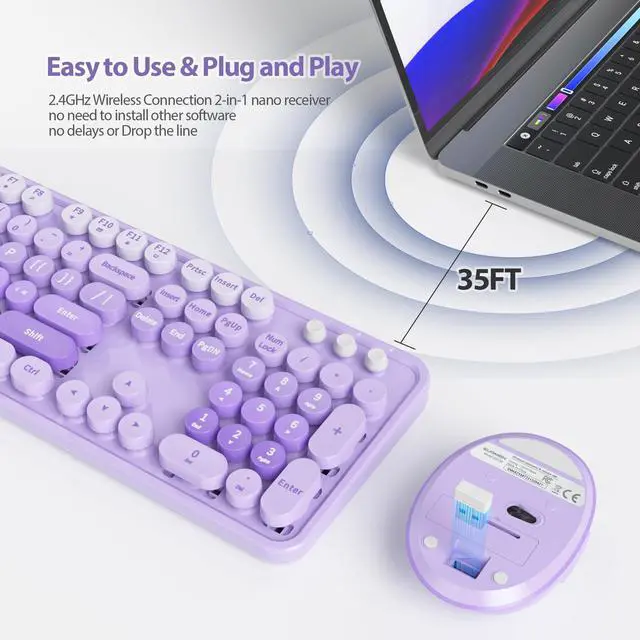 Alt view image 2 of 7 - Purple Retro Typewriter Keyboard and Mouse Wireless, 2.4GHz Office Full-Sized Colorful Computer Keyboard with Number Pad and Cute Mouse for Windows PC Desktops Laptop
