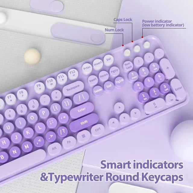 Alt view image 4 of 7 - Purple Retro Typewriter Keyboard and Mouse Wireless, 2.4GHz Office Full-Sized Colorful Computer Keyboard with Number Pad and Cute Mouse for Windows PC Desktops Laptop
