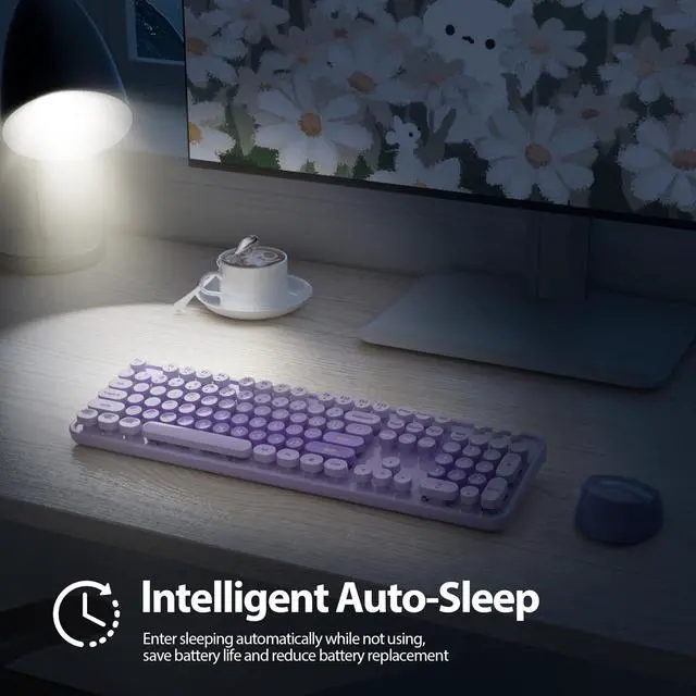 Alt view image 6 of 7 - Purple Retro Typewriter Keyboard and Mouse Wireless, 2.4GHz Office Full-Sized Colorful Computer Keyboard with Number Pad and Cute Mouse for Windows PC Desktops Laptop