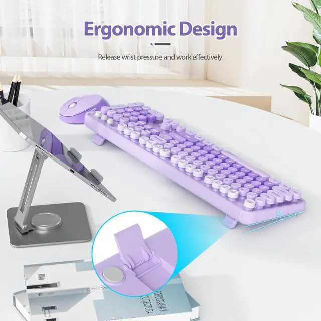 Alt view image 5 of 7 - Purple Retro Typewriter Keyboard and Mouse Wireless, 2.4GHz Office Full-Sized Colorful Computer Keyboard with Number Pad and Cute Mouse for Windows PC Desktops Laptop