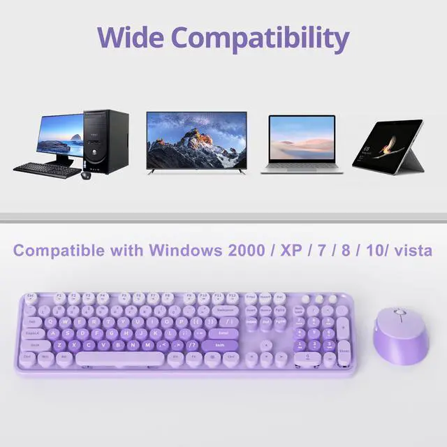 Alt view image 7 of 7 - Purple Retro Typewriter Keyboard and Mouse Wireless, 2.4GHz Office Full-Sized Colorful Computer Keyboard with Number Pad and Cute Mouse for Windows PC Desktops Laptop